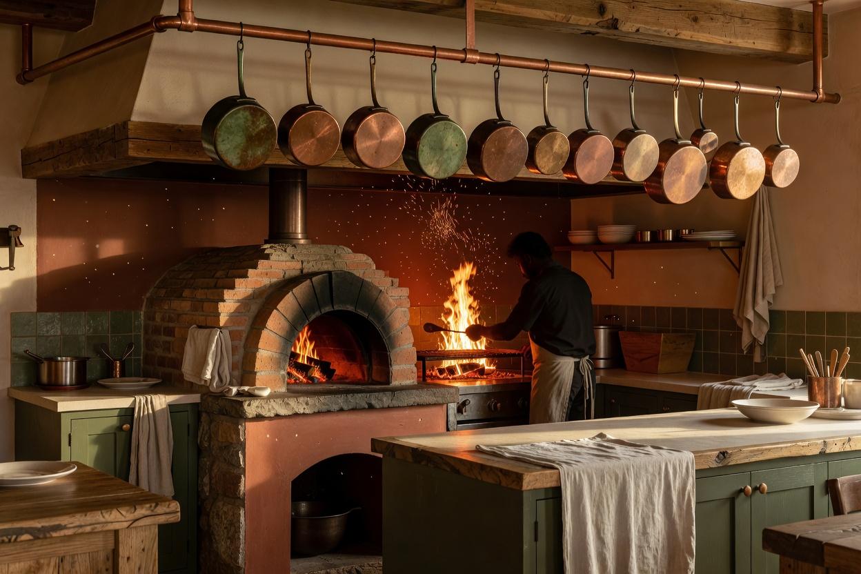 The wood-fired open kitchen